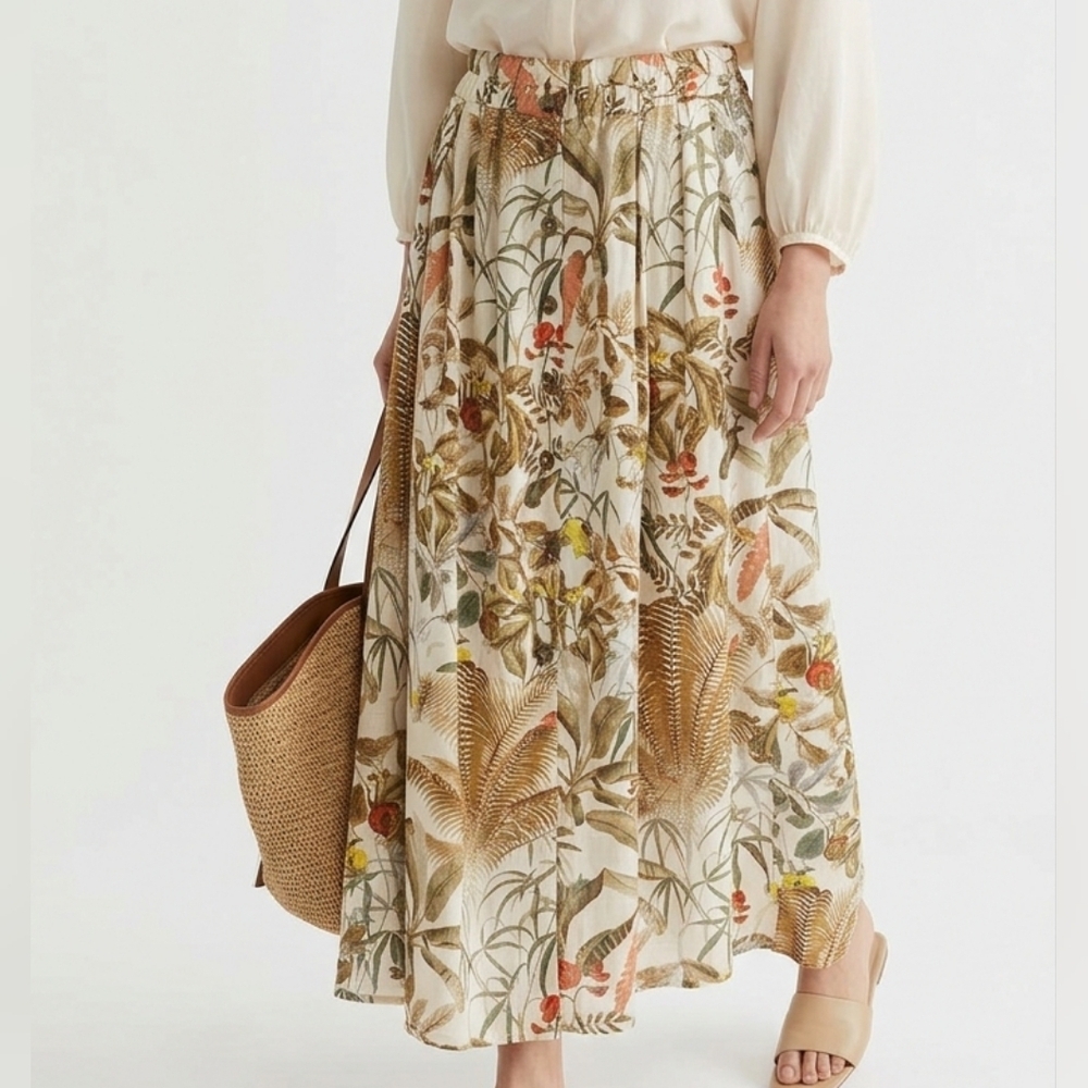 H&M Floral Tropical Print Maxi Skirt - Multicolor Elastic Waist Button Down L